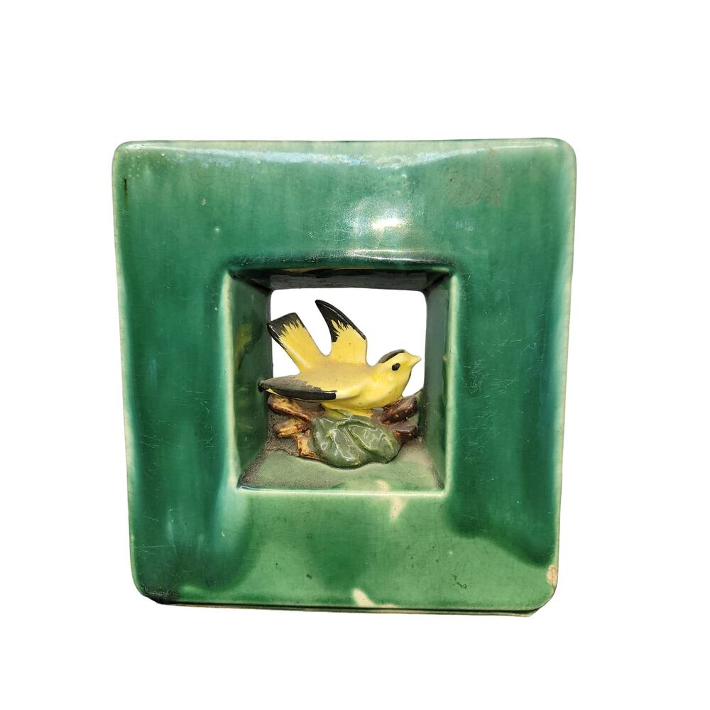 VINTAGE 1950's~60's McCoy Yellow Bird in a Box Green Vase
